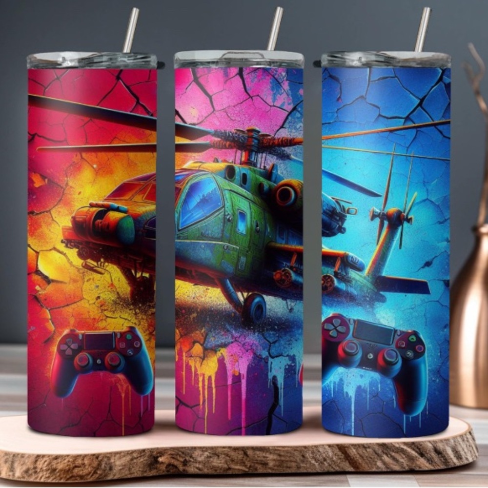 Colorful Helicopter and Game Controller Tumblers